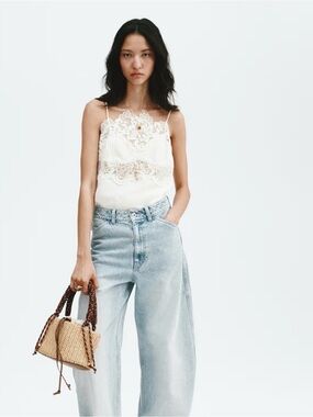 H&M Edition Linen-Blend Lace-Detail Camisole Top (White) Small 1341362001